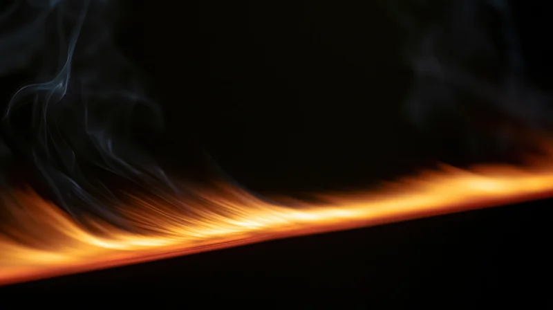 Thin horizontal line of fire burning across dark background with rising smoke