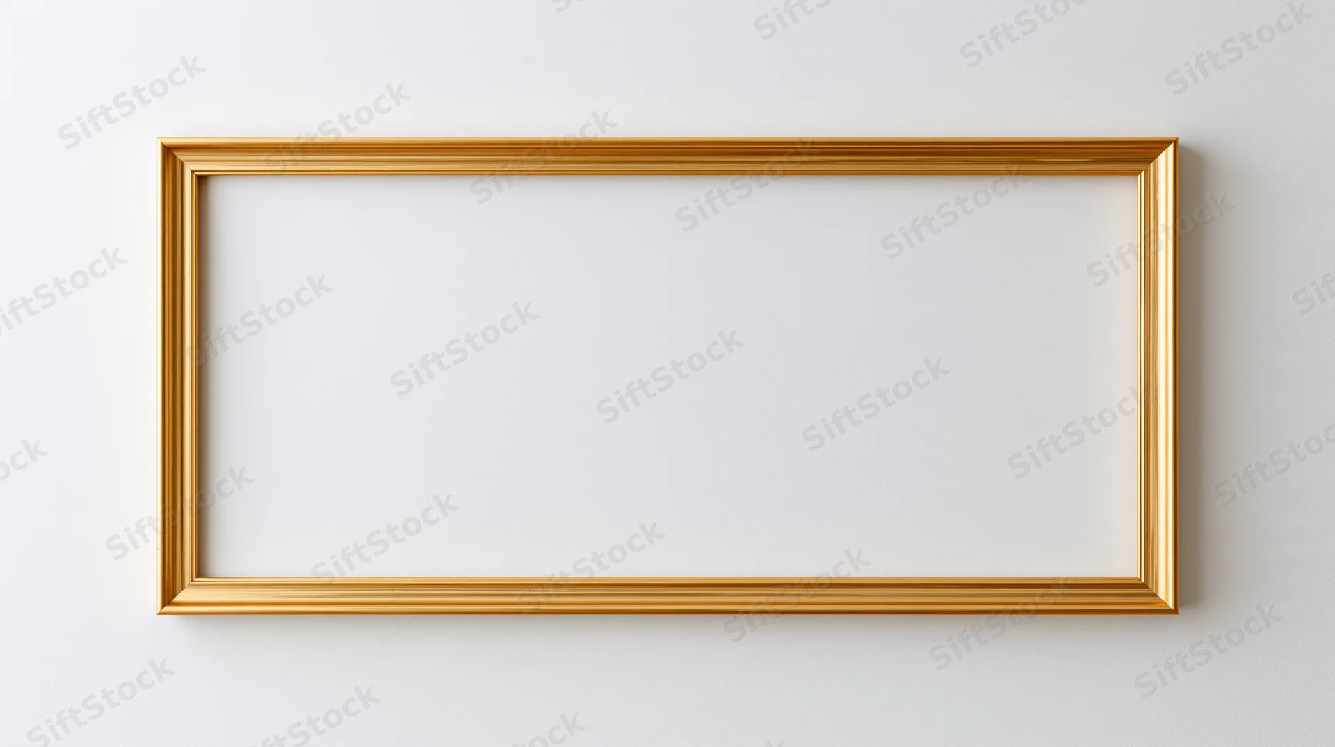 Gold rectangular picture frame hanging on white wall with blank interior