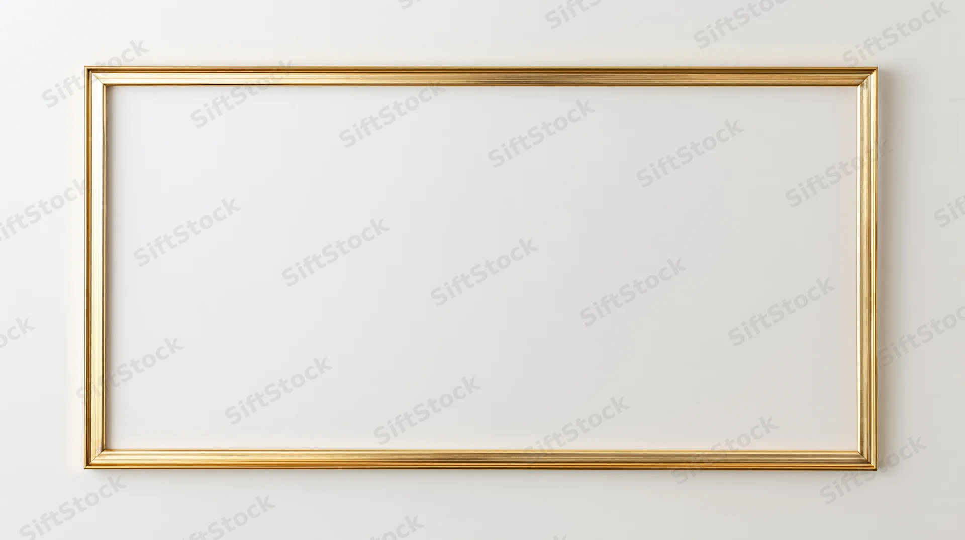 Gold rectangular picture frame lying flat on white surface with blank interior for design placement