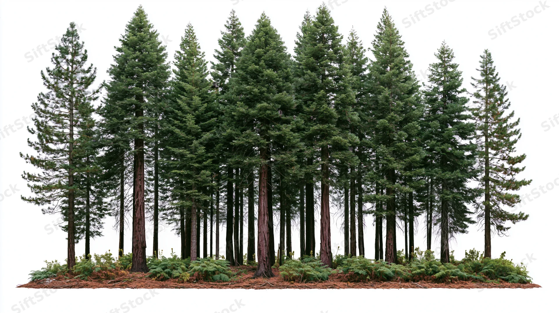 A tight cluster of tall redwood and pine trees standing together on a bed of ferns and soil against a white background
