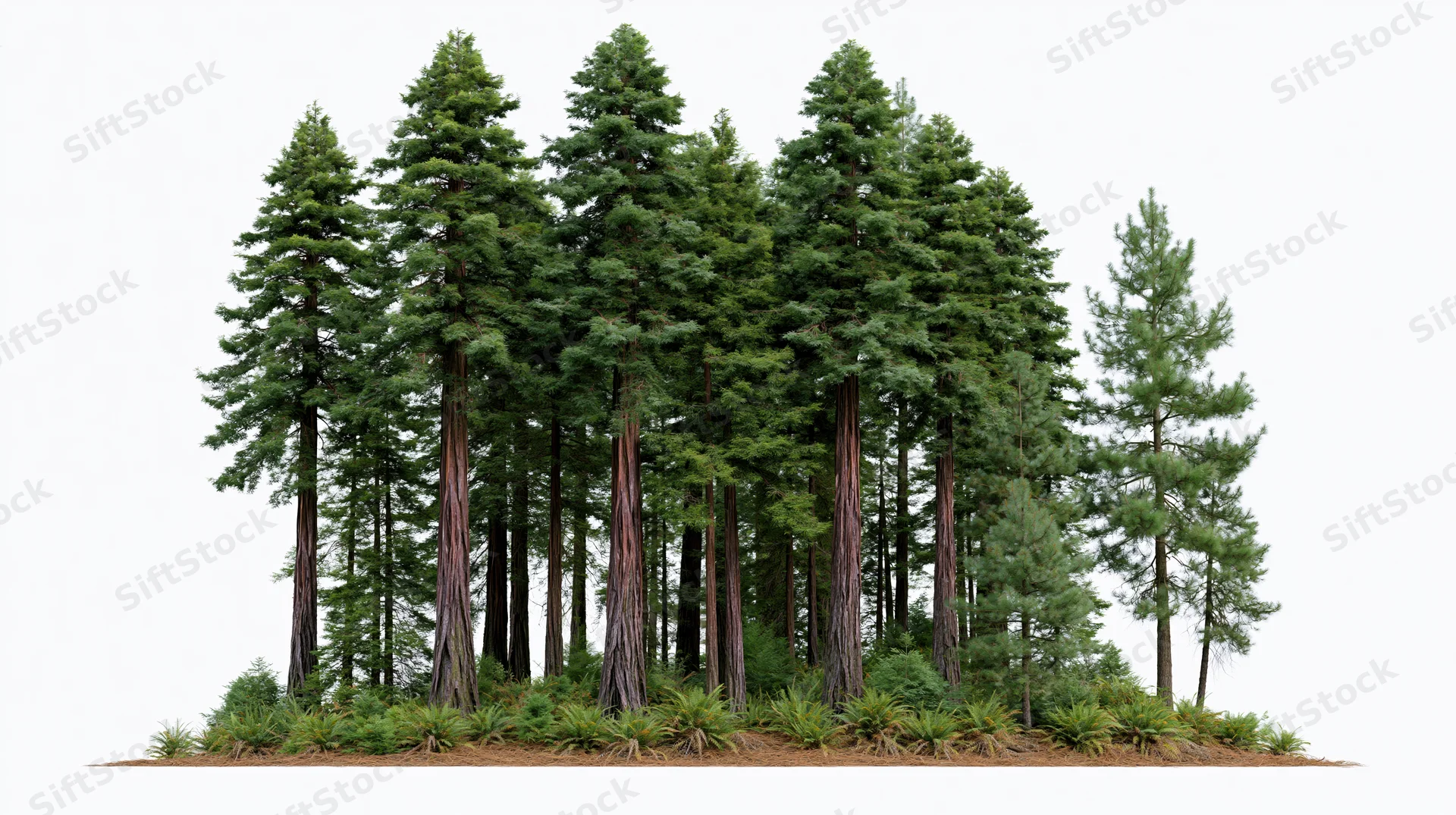 Cluster of tall redwood and pine trees standing together on soil with ground cover, isolated on white
