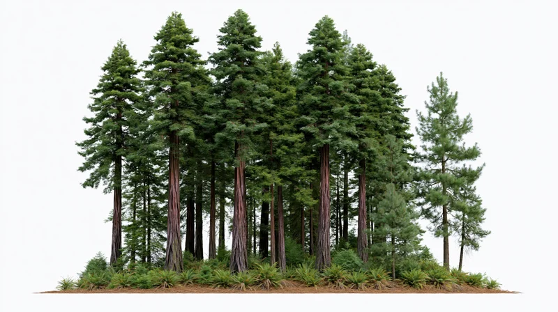 Cluster of tall redwood and pine trees standing together on soil with ground cover, isolated on white