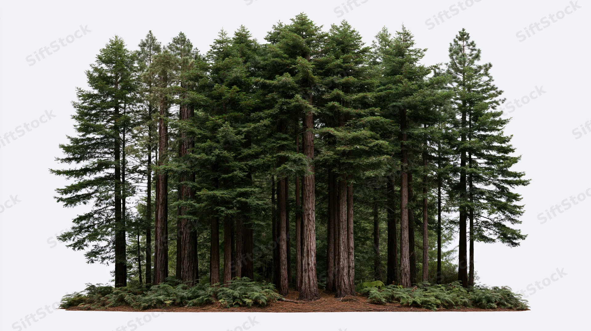 A tight cluster of tall redwood and pine trees standing together on a forest floor with ferns and moss against a white background