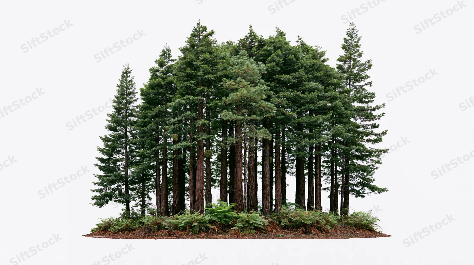A cluster of tall redwood and pine trees with ferns at the base, isolated on white
