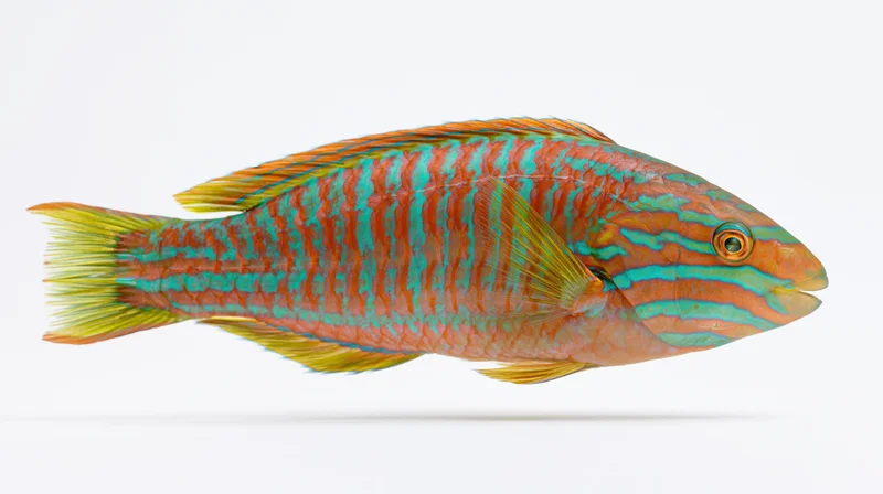 Tropical wrasse fish in full lateral profile against white background