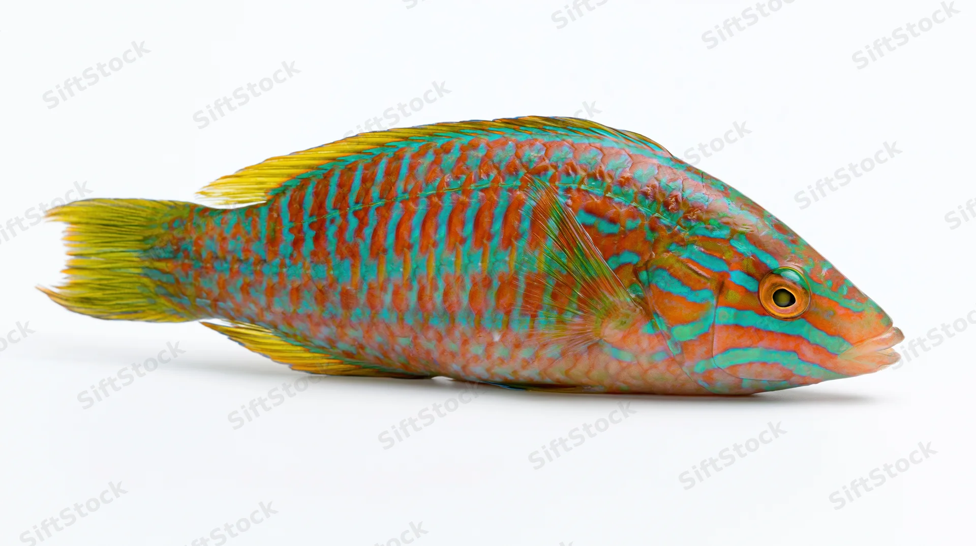 Tropical wrasse fish in full lateral profile against white background