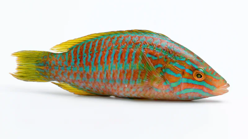 Tropical wrasse fish in full lateral profile against white background