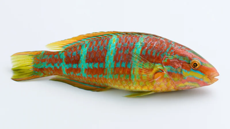 Tropical wrasse fish in full lateral profile against white background