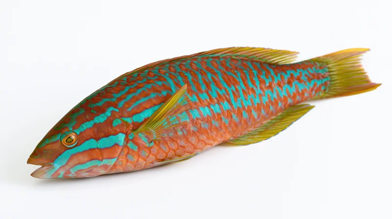 Tropical wrasse fish in full lateral profile against white background
