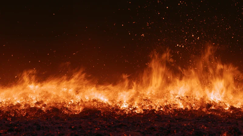 Intense fire burning along the bottom of the frame at night