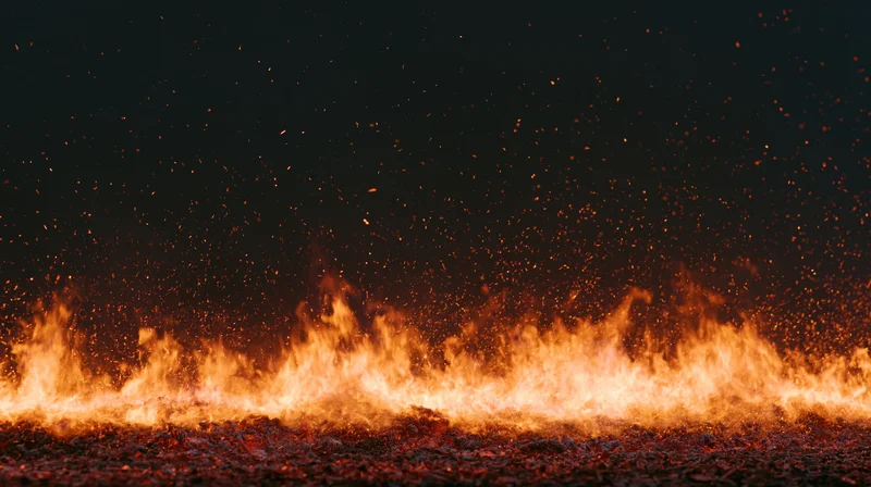 Intense fire burning along the bottom of the frame at night
