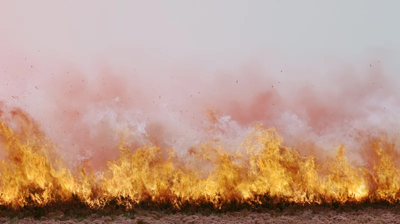 Intense flames burning across a dry grass field under a hazy sky