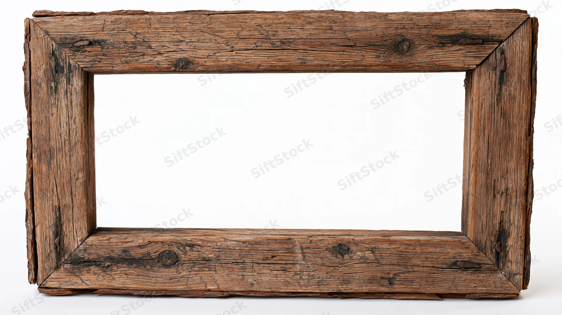 Weathered wooden picture frame with open center on white background