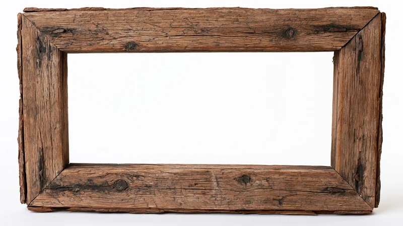 Weathered wooden picture frame with open center on white background