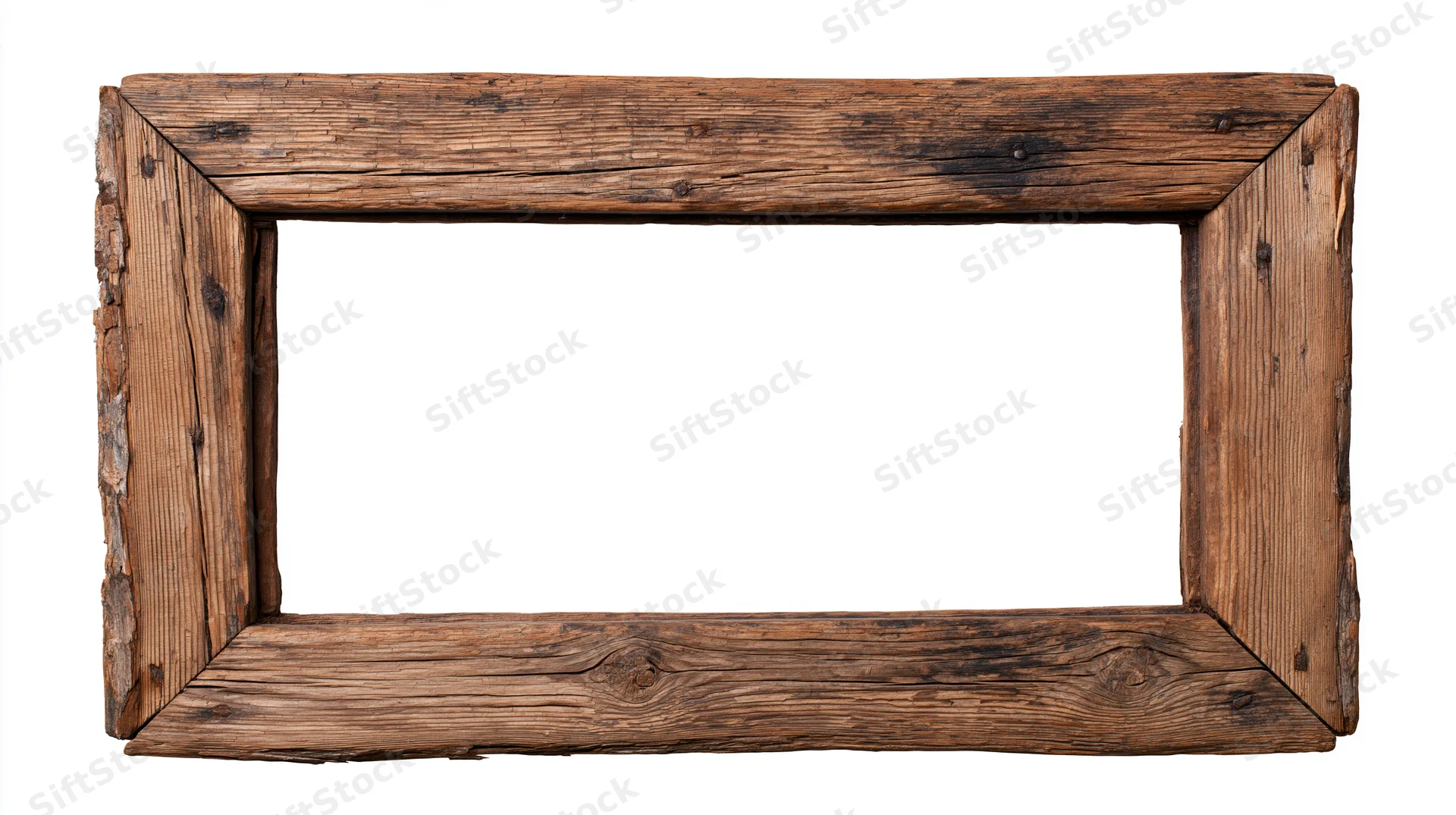 Weathered wooden frame with open center isolated on white background