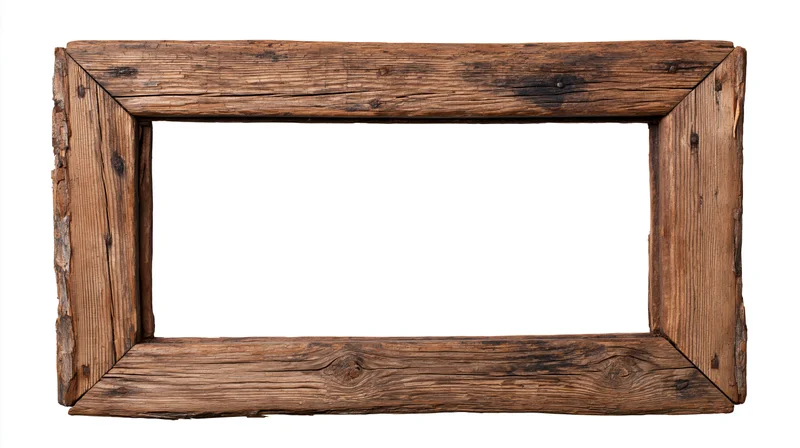 Weathered wooden frame with open center isolated on white background