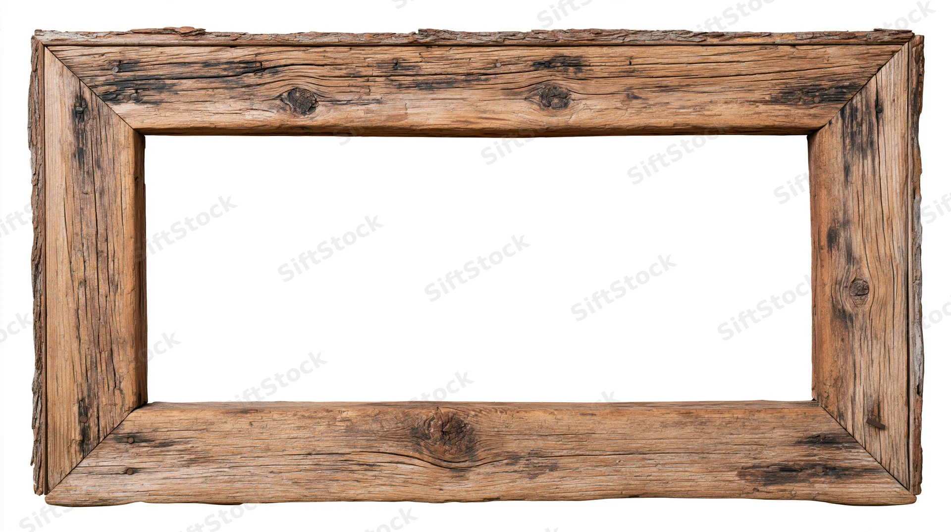 Weathered wooden frame with open center isolated on white background