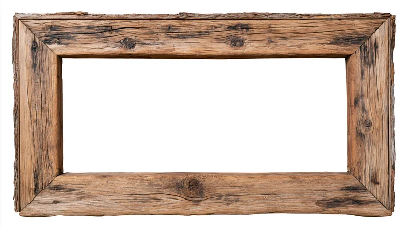 Weathered wooden frame with open center isolated on white background