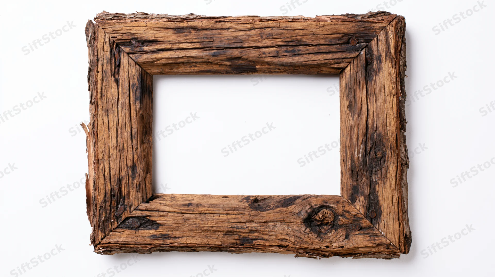 Weathered wooden frame with open center on white background