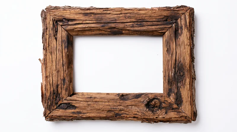 Weathered wooden frame with open center on white background