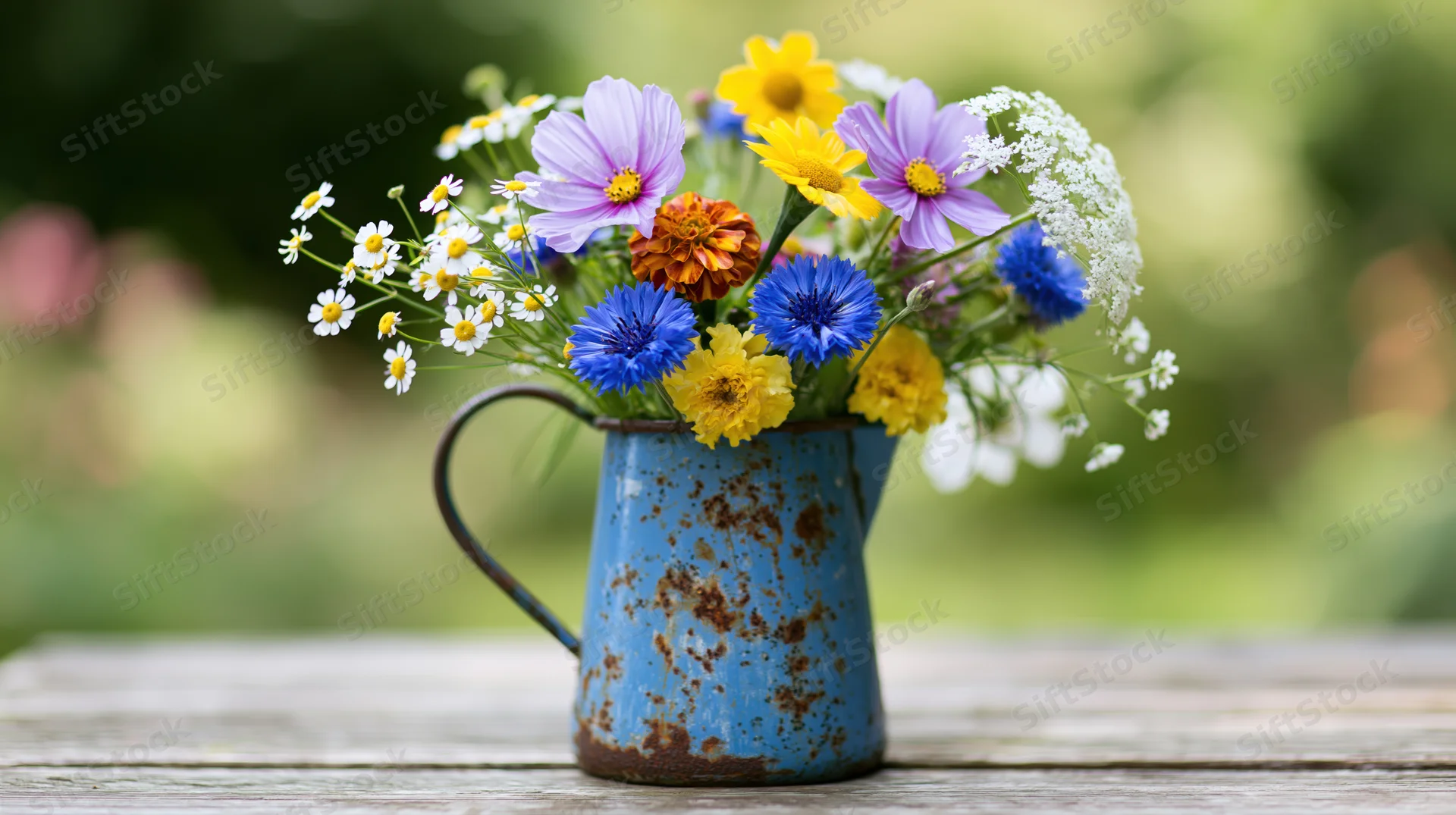 Colorful wildflowers arranged in a rust-spotted blue enamel pitcher on a wooden table outdoors