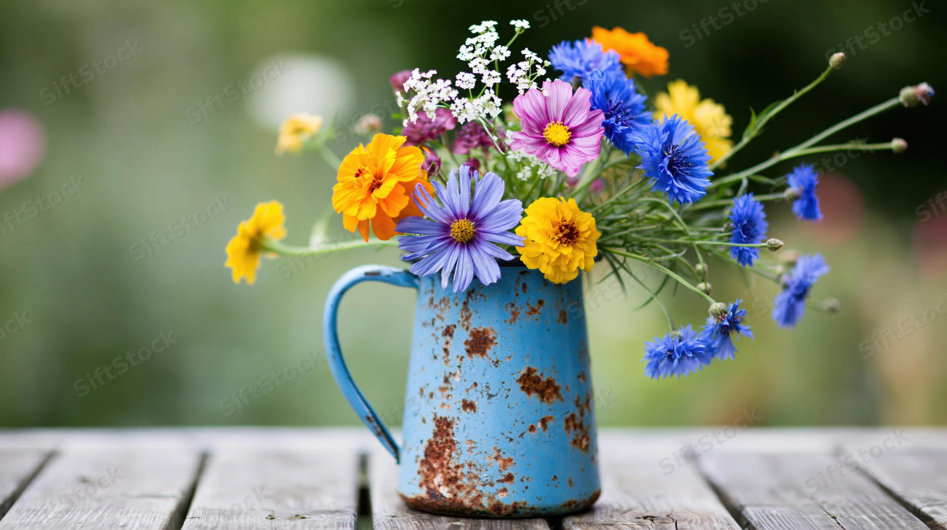 Colorful wildflowers arranged in a weathered blue enamel pitcher on a wooden table outdoors