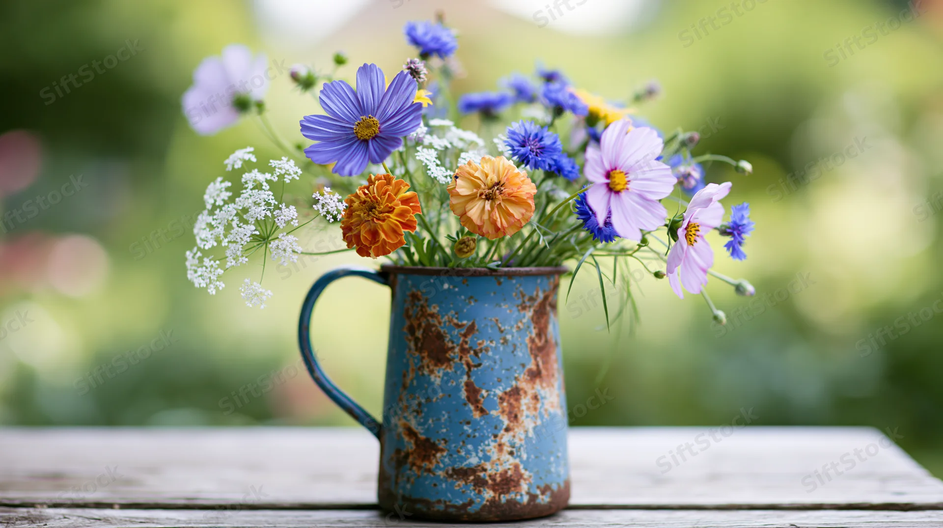 Wildflowers arranged in a rusted blue enamel pitcher on a wooden table outdoors