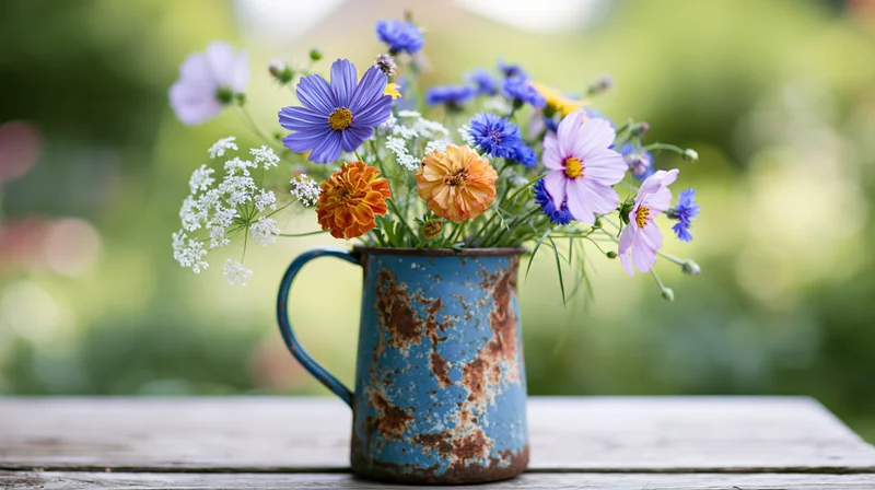 Wildflowers arranged in a rusted blue enamel pitcher on a wooden table outdoors