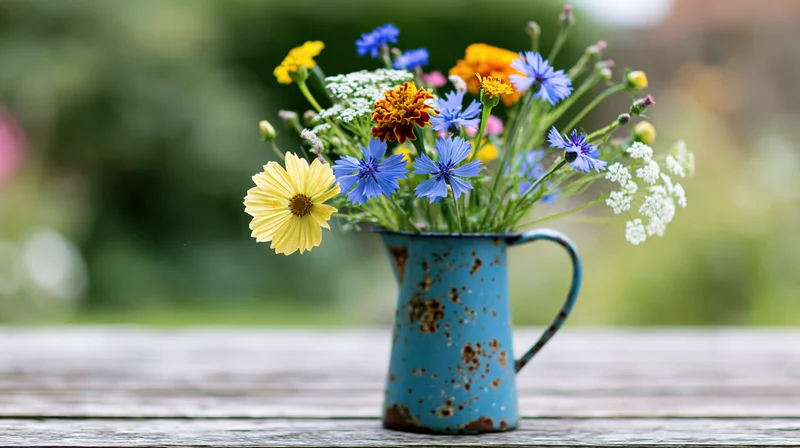 Wildflowers arranged in a weathered blue enamel pitcher on a wooden table outdoors