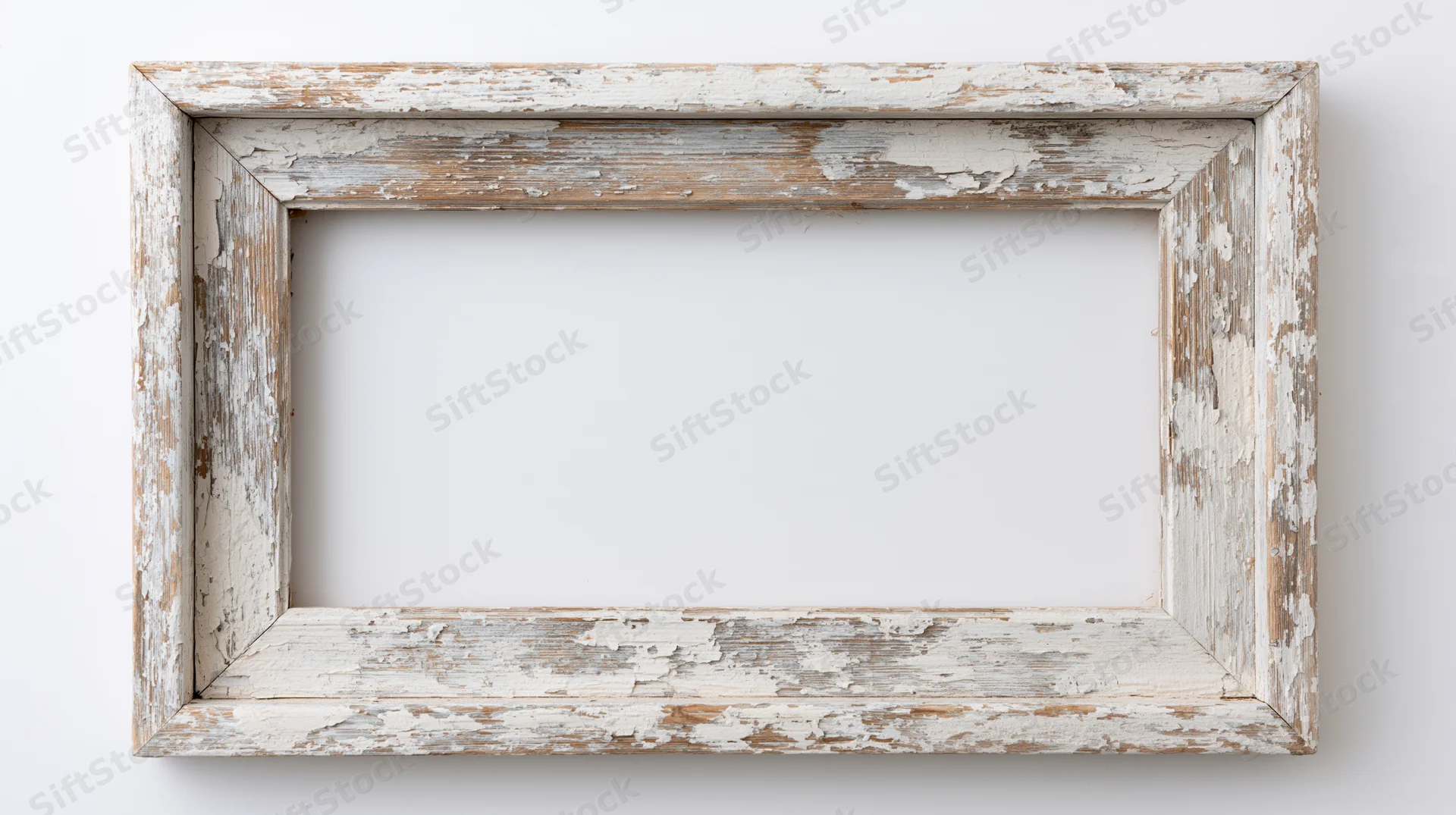Weathered wooden picture frame with peeling white paint hanging on a white wall