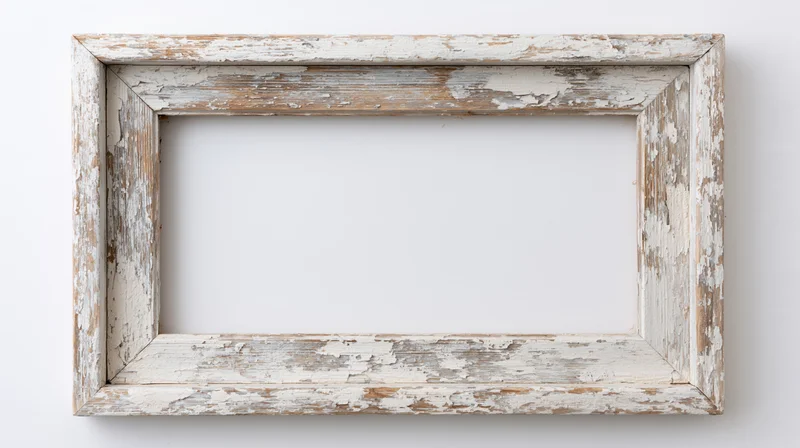 Weathered wooden picture frame with peeling white paint hanging on a white wall