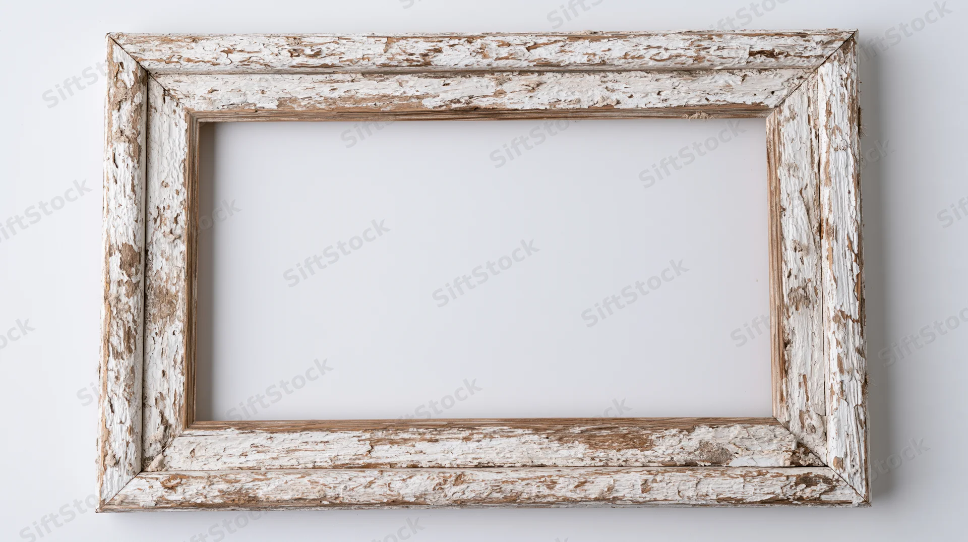 Weathered wooden picture frame with peeling white paint hanging on a white wall