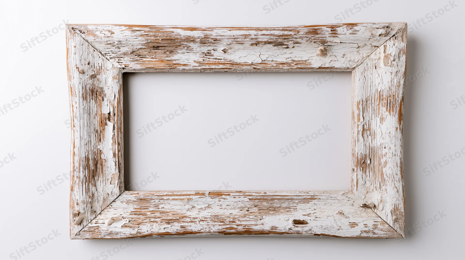 Weathered wooden picture frame with peeling white paint hanging on a white wall