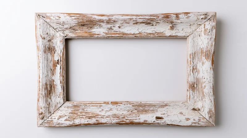 Weathered wooden picture frame with peeling white paint hanging on a white wall