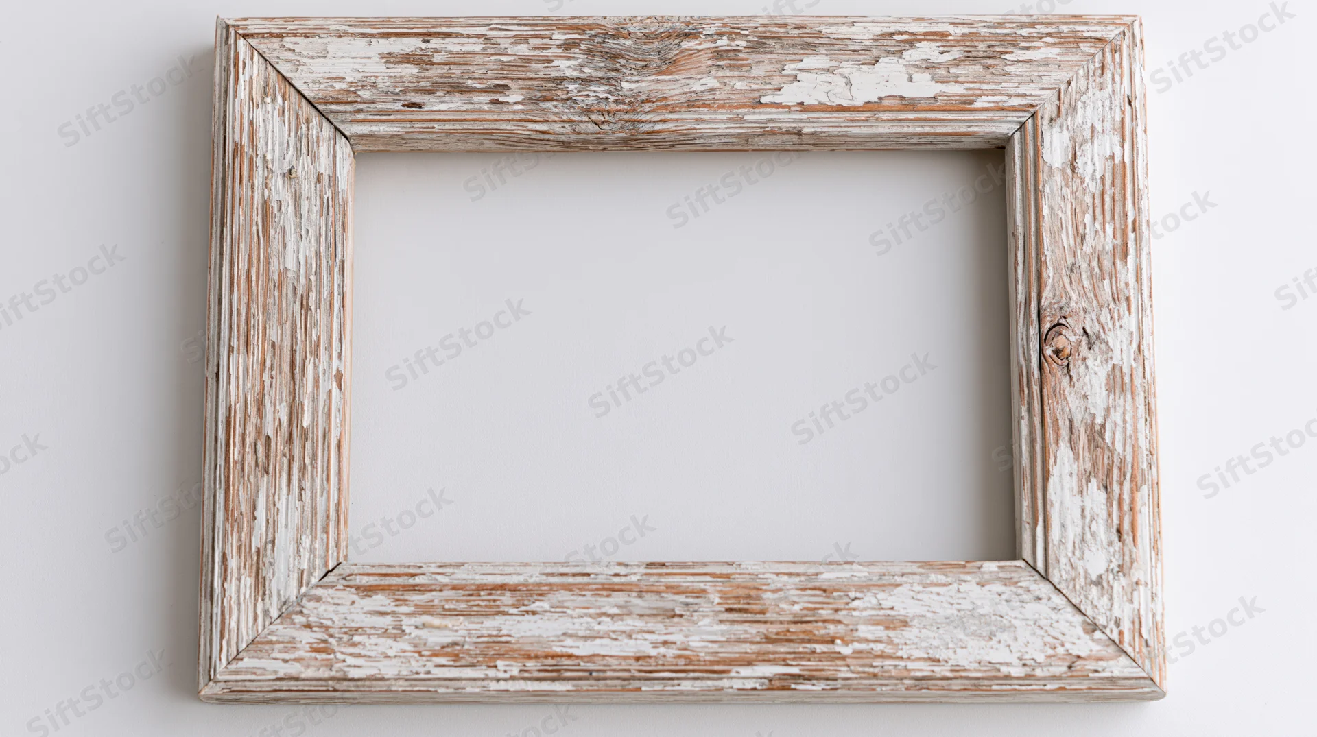 Weathered wooden picture frame with peeling white paint hanging on a white wall