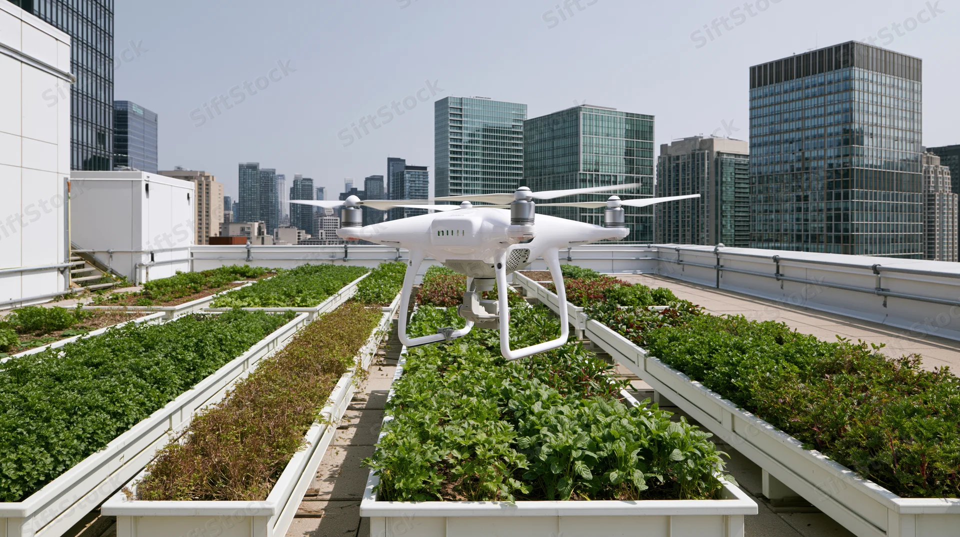 White agricultural drone hovering over rooftop garden in urban cityscape