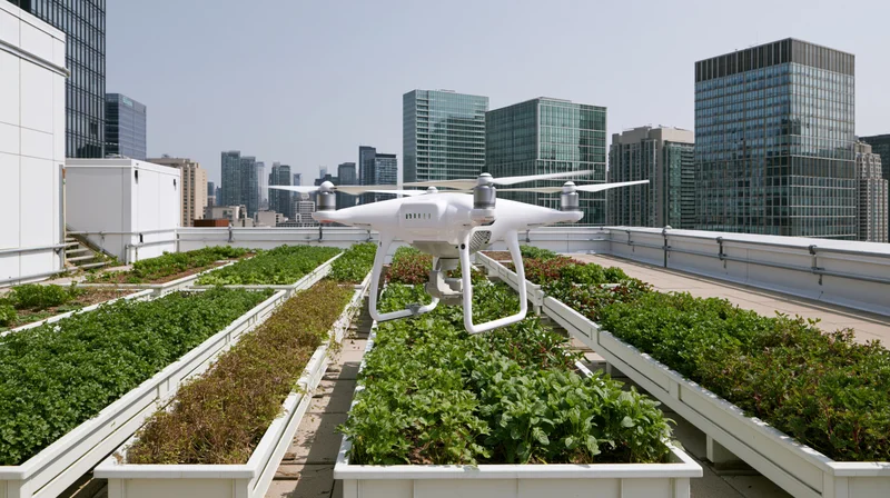 White agricultural drone hovering over rooftop garden in urban cityscape