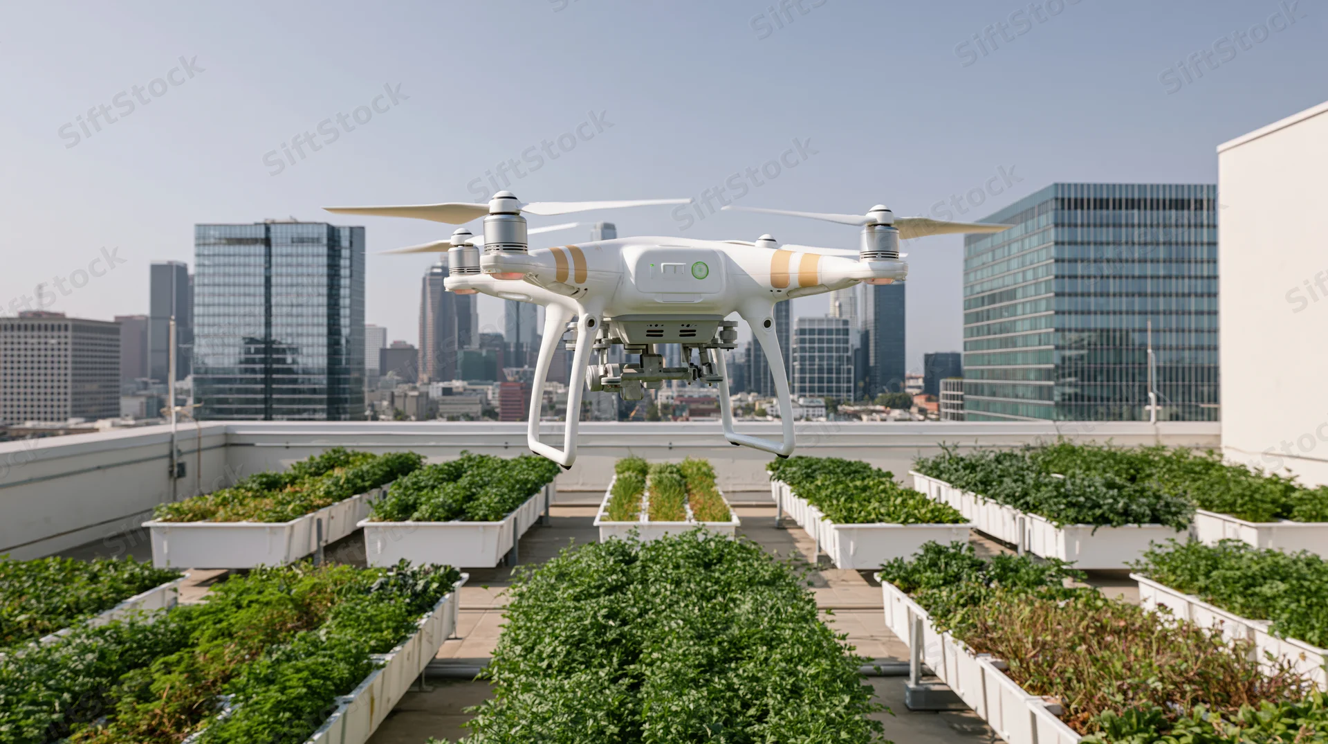 White agricultural drone hovering over rooftop garden with city skyline in background