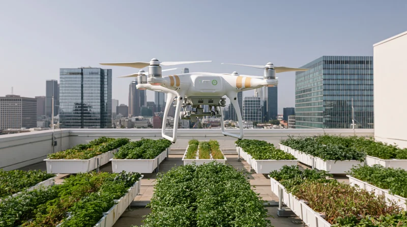 White agricultural drone hovering over rooftop garden with city skyline in background