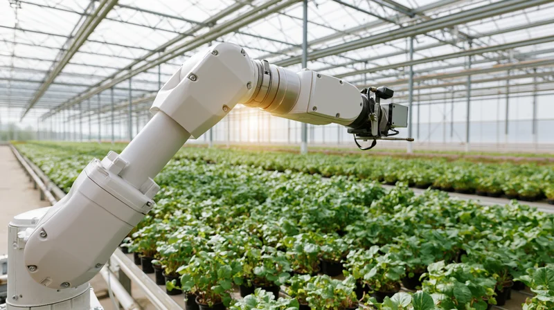 Robotic arm extending over rows of seedlings in a greenhouse