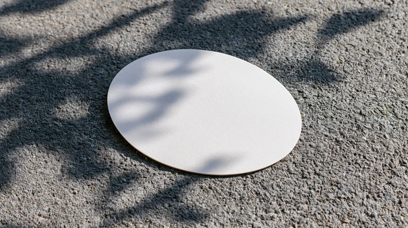 White oval sticker lying flat on rough gray asphalt with tree shadows