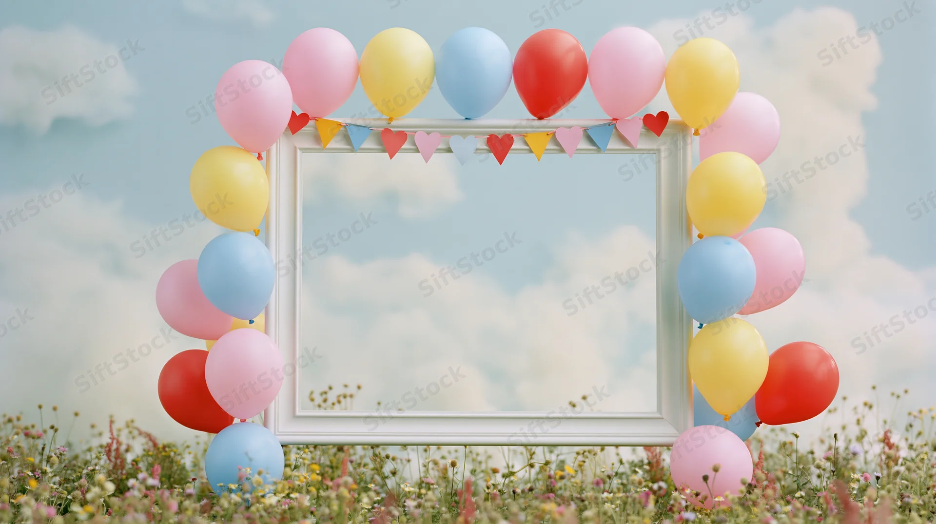 White frame decorated with pastel balloons and heart banner in a flower field under cloudy sky