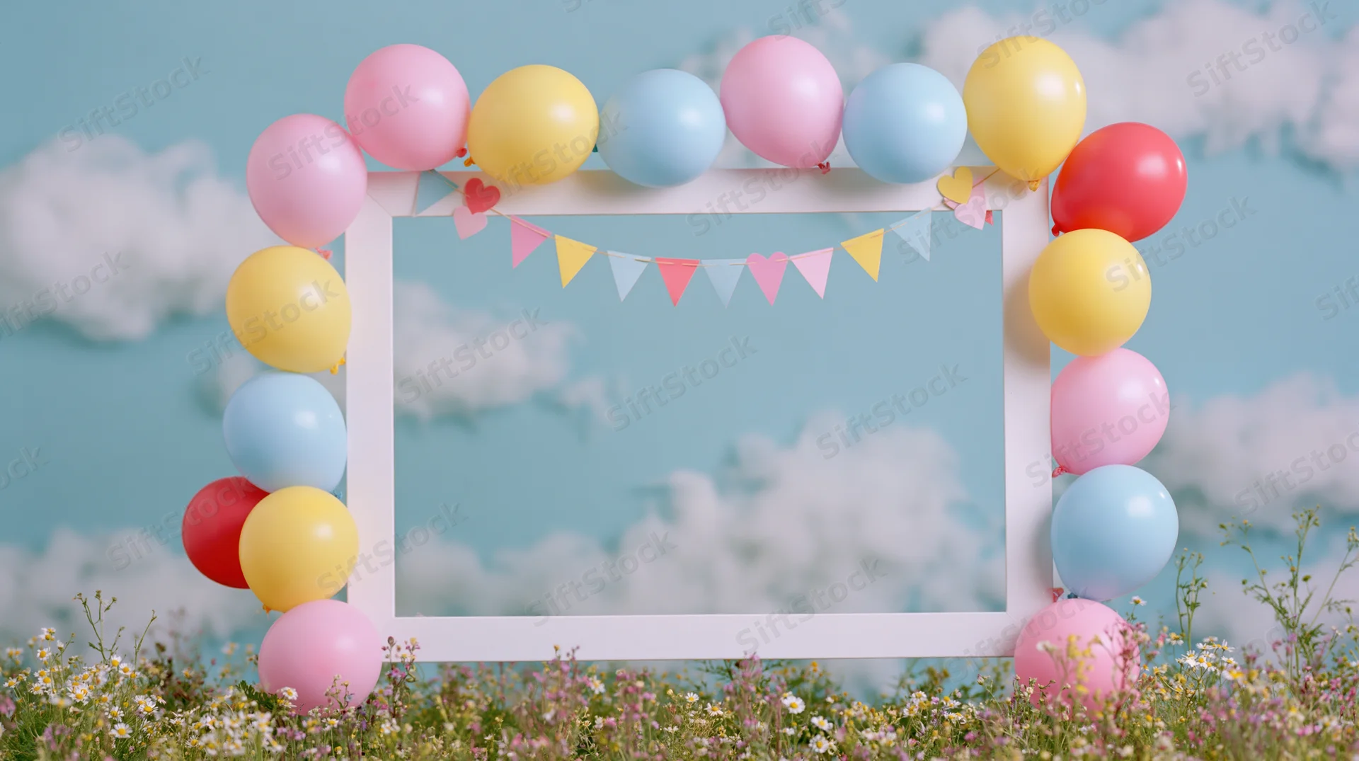 White frame decorated with pastel balloons and bunting in a flower field under a cloudy sky