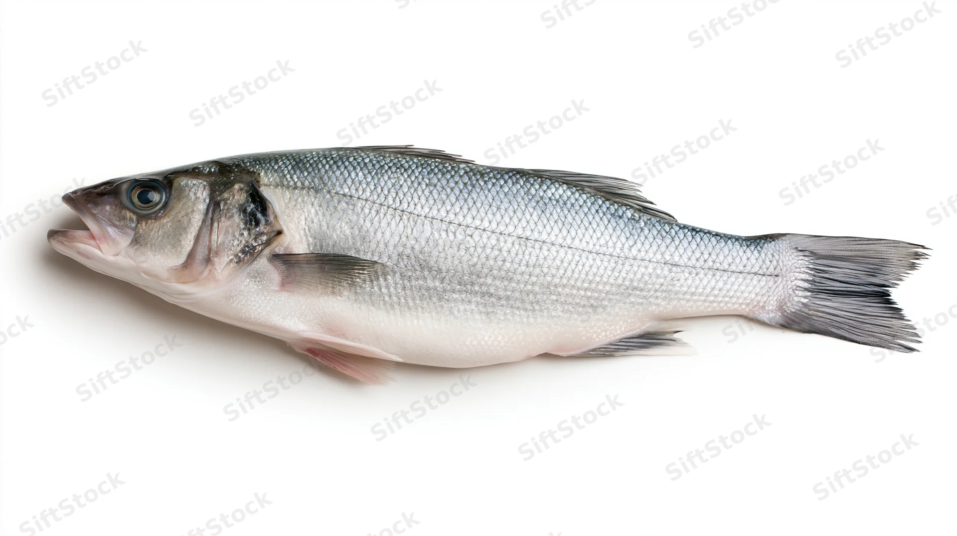 Whole fresh european sea bass lying on its side on white background