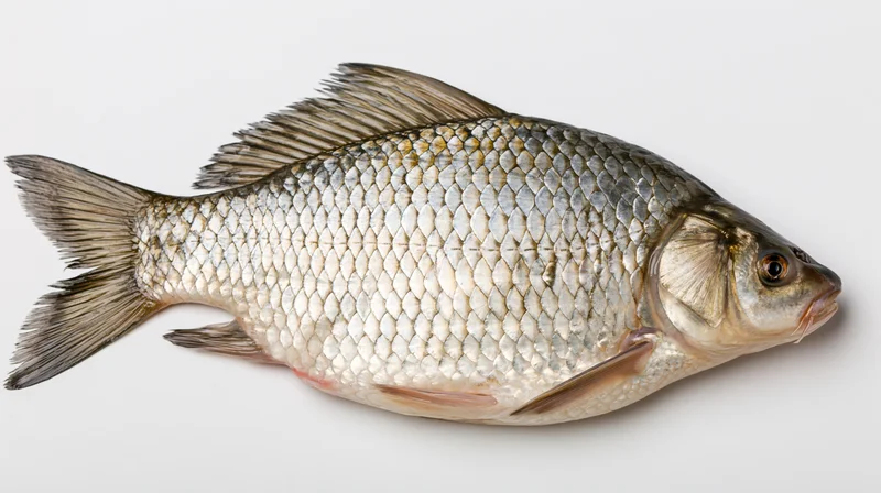 Whole fresh crucian carp fish lying on plain white surface