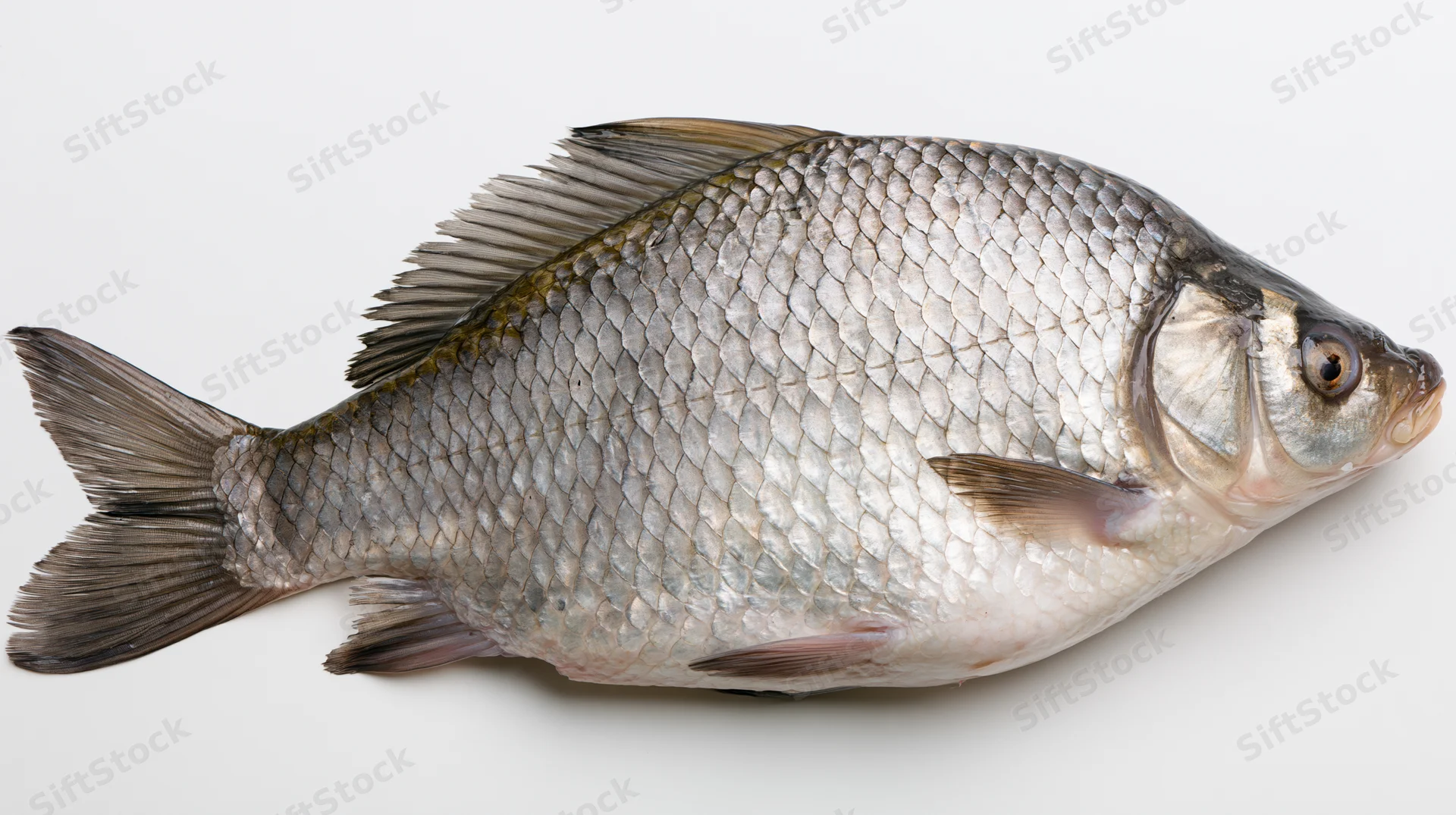 Whole fresh crucian carp fish lying on plain white surface