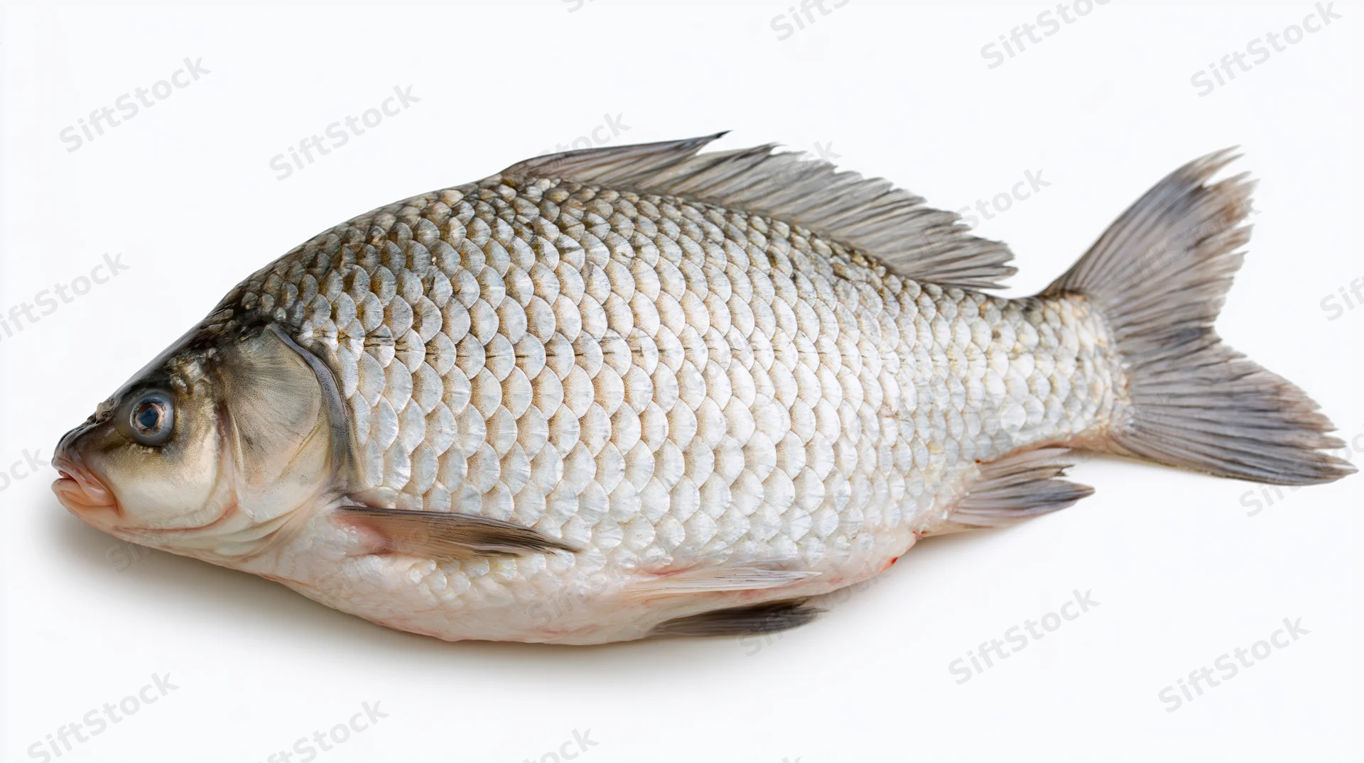 Whole fresh crucian carp fish lying on plain white surface