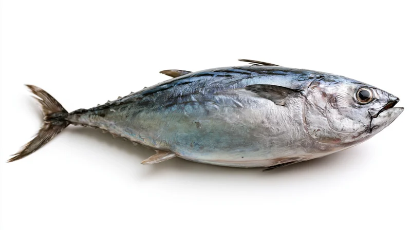 Whole fresh skipjack tuna lying on its side on white background