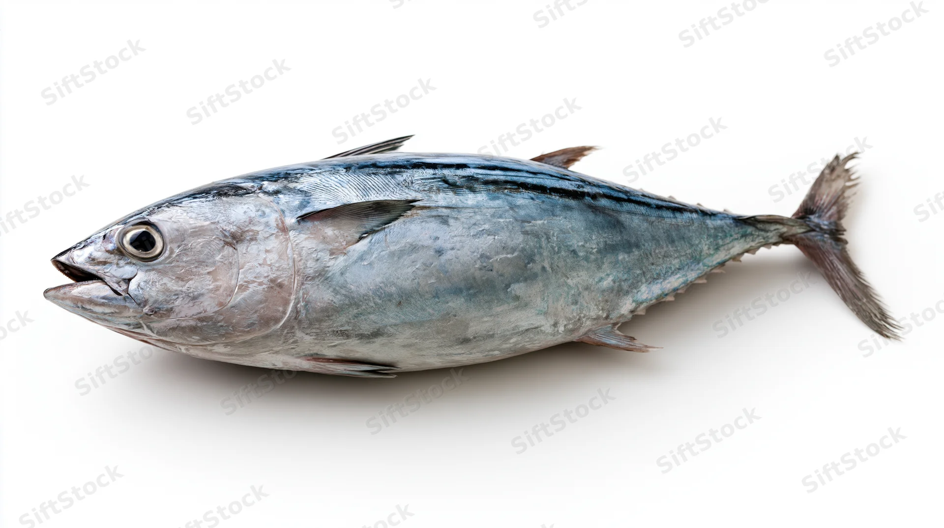 Whole fresh skipjack tuna lying on its side on white background