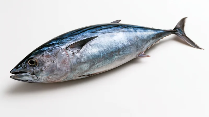 Whole fresh skipjack tuna lying on its side on white background